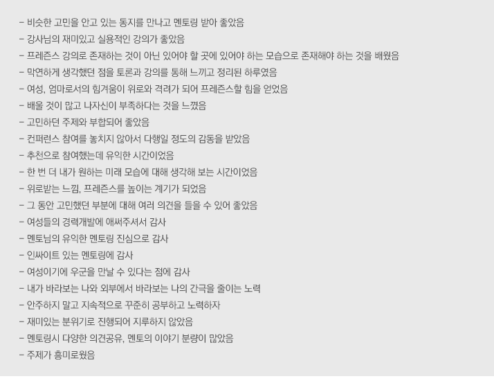 - 비슷한 고민을 안고 있는 동지를 만나고 멘토링 받아 좋았음
- 강사님의 재미있고 실용적인 강의가 좋았음
- 프레즌스 강의로 존재하는 것이 아닌 있어야 할 곳에 있어야 하는 모습으로 존재해야 하는 것을 배웠음
- 막연하게 생각했던 점을 토론과 강의를 통해 느끼고 정리된 하루였음
- 여성, 엄마로서의 힘겨움이 위로와 격려가 되어 프레즌스할 힘을 얻었음
- 배울 것이 많고 나자신이 부족하다는 것을 느꼈음
- 고민하던 주제와 부합되어 좋았음
- 컨퍼런스 참여를 놓치지 않아서 다행일 정도의 감동을 받았음
- 추천으로 참여했는데 유익한 시간이었음
- 한 번 더 내가 원하는 미래 모습에 대해 생각해 보는 시간이었음
- 위로받는 느낌, 프레즌스를 높이는 계기가 되었음
- 그 동안 고민했던 부분에 대해 여러 의견을 들을 수 있어 좋았음
- 여성들의 경력개발에 애써주셔서 감사
- 멘토님의 유익한 멘토링 진심으로 감사
- 인싸이트 있는 멘토링에 감사
- 여성이기에 우군을 만날 수 있다는 점에 감사
- 내가 바라보는 나와 외부에서 바라보는 나의 간극을 줄이는 노력
- 안주하지 말고 지속적으로 꾸준히 공부하고 노력하자
- 재미있는 분위기로 진행되어 지루하지 않았음
- 멘토링시 다양한 의견공유, 멘토의 이야기 분량이 많았음
- 주제가 흥미로웠음
 
