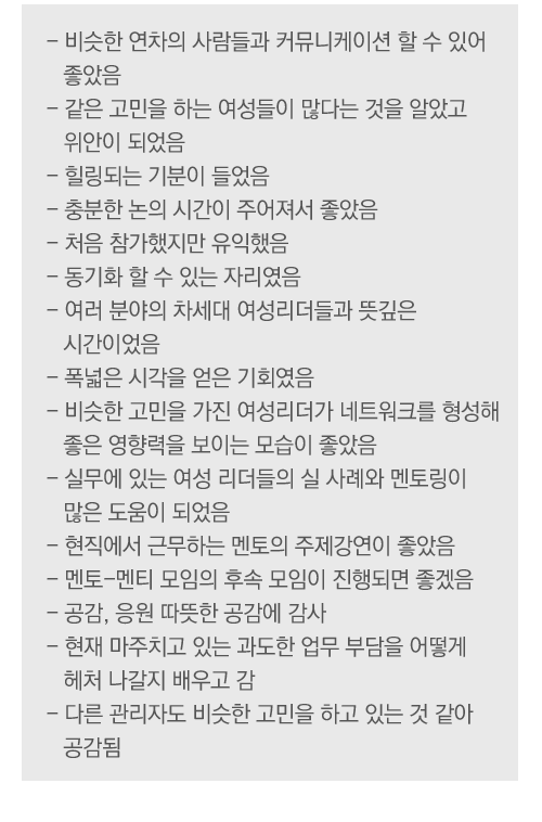 컨퍼런스 주제에 대한 평가
- 주제가 너무 재미있었음
- 누구나 공감할 수 있는 주제라 아이디어 교류도 되고 좋았음

강연 및 멘토링에 대한 평가
- 모든 강연이 주옥 같았음
- 밀레니엄을 읽고 양성평등에 대해 더 공부하겠음
- 그룹 멘토링이 매우 뜻 깊었음
- 집중력 있게 토론을 이끌어준 멘토 덕분에 가치있는 시간이었음
- 좋은 강연과 멘토링으로 자극을 받았음

다양성에 대한 인식 생성
- 각자의 입장에서 생각해 볼 수 있고  공감할 수 있었음
- 다양한 시각을 느낄 수 있어 좋았음
- 오픈 마인드의 필요성을 느꼈음

여성리더십에 대한 인식변화
- 여성리더로서의 자부심과 차세대 리더 역할의 중요성 인식함
- 여성리더가 많이 활동하고 있다는 점을 느꼈고 동기부여가 되었음
- 다양한 분야의 리더를 만날 수 있어 좋았음

그외 의견
- 무엇보다 내 자신이  바뀌어야겠다고 느낌
- 정말 유익했고 커리어나 진로에 큰 영향이 되었음
- 주변 비슷한 경험을 한 동료를 만나 리프레쉬의 계기가 되었음
- 여성 연대의 필요성을 느꼈음

 

