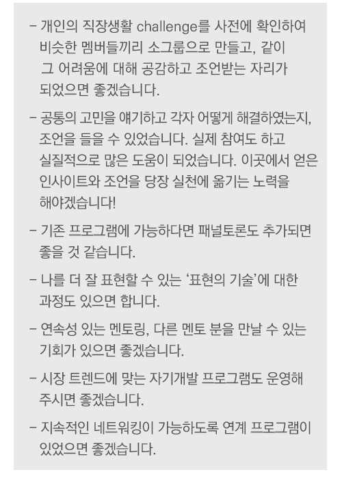 
                                        - 개인의 직장생활 challenge를 사전에 확인하여 비슷한 멤버들끼리 소그룹으로 만들고, 같이 그 어려움에 대해 공감하고 조언받는 자리가 되었으면 좋겠습니다.
- 공통의 고민을 얘기하고 각자 어떻게 해결하였는지, 조언을 들을 수 있었습니다. 실제 참여도 하고 실질적으로 많은 도움이 되었습니다. 이곳에서 얻은 인사이트와 조언을 당장 실천에 옮기는 노력을 해야겠습니다! 
- 기존 프로그램에 가능하다면 패널토론도 추가되면 좋을 것 같습니다.
- 나를 더 잘 표현할 수 있는 '표현의 기술'에 대한 과정도 있으면 합니다.
- 연속성 있는 멘토링, 다른 멘토 분을 만날 수 있는 기회가 있으면 좋겠습니다. 
- 시장 트렌드에 맞는 자기개발 프로그램도 운영해주시면 좋겠습니다.
- 지속적인 네트워킹이 가능하도록 연계 프로그램이 있었으면 좋겠습니다.
